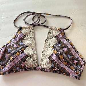 RUE BLEU Size Medium Pink Brown Yellow Floral Lace Lined Swim Bikini Top